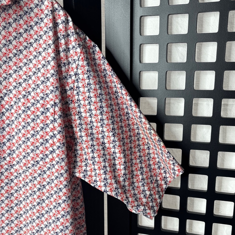 ❤️ Neiman Marcus Red Blue Bike Print Button Down Short Sleeve Shirt Men’s XXL ❤️ - Picture 5 of 16